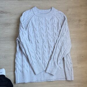 Aerie Cable Knit Crewneck Sweater - Light Gray with pearls
